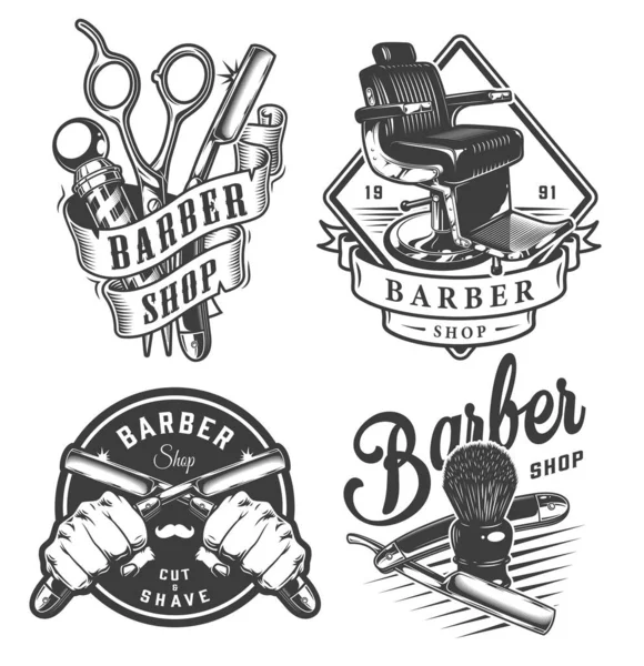 Vintage Emblemas Barbería Monocromo Con Tijeras Poste Barbero Silla Cómoda — Vector de stock