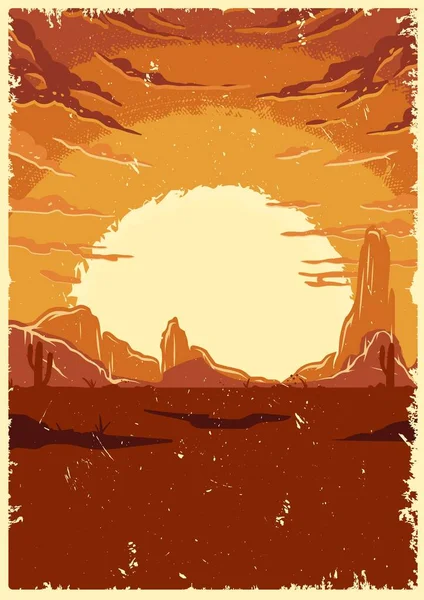 Пустельний Пейзаж Вінтажний Барвистий Шаблон Горами Захід Сонця Хмари Векторні — стоковий вектор