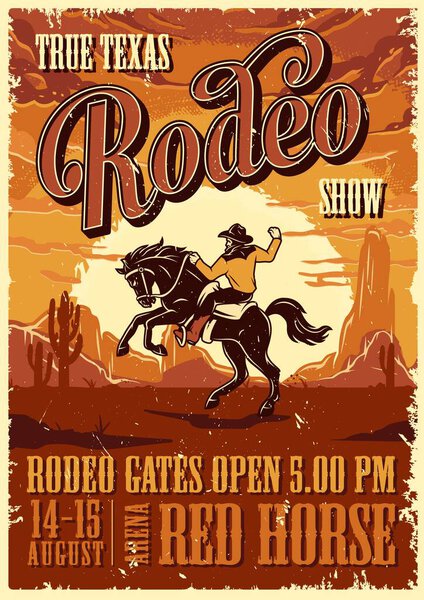 Vintage rodeo advertising poster with inscriptions and cowboy riding horse on desert landscape vector illustration