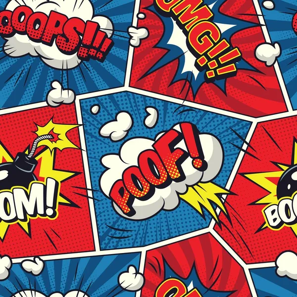 漫画のスピーチ泡煙雲の言葉でシームレスなパターン爆弾ユーモアの効果赤と青のフレームベクトルイラスト — ストックベクタ