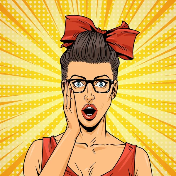 Comic Beautiful Surprised Woman Eyeglasses Red Bow Dress Yellow Radial — Stock Vector