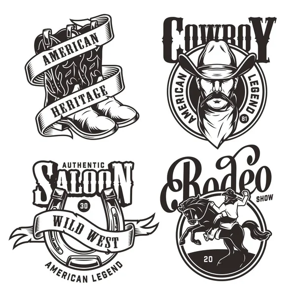 Vintage Wild West Emblems Cowboy Head Hat Scarf Horseshoe Ribbon — Stock Vector