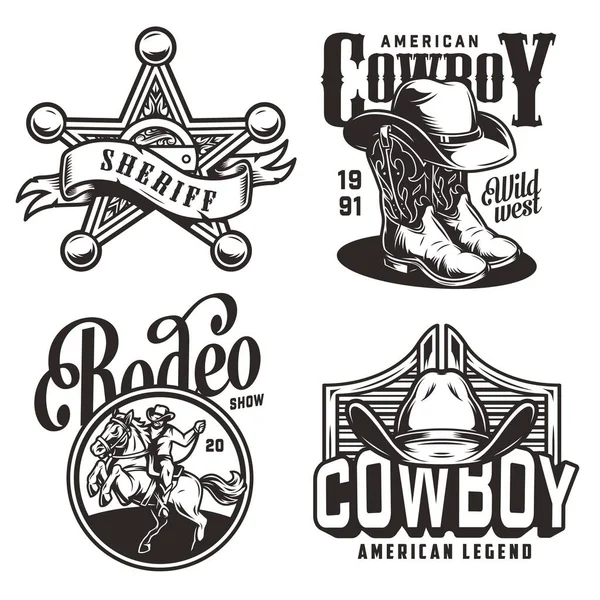 Vintage Monokróm Vadnyugati Emblémák Seriff Jelvény Csillag Cowboy Kalap Csizma — Stock Vector