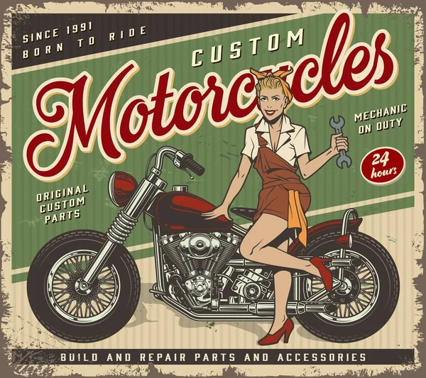 Vintage Színes Motorkerékpár Egyedi Szolgáltatás Sablon — Stock Vector