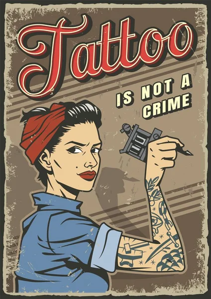 Ročník Tetování Studio Barevný Plakát Pin Atraktivní Tetování Žena Drží — Stockový vektor