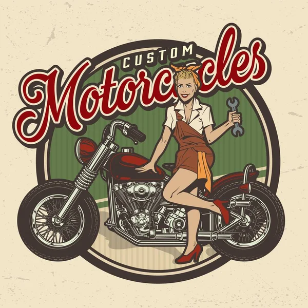 Logotipo Serviço Reparo Motocicleta Colorida Vintage Com Pin Mulher Bonita —  Vetores de Stock
