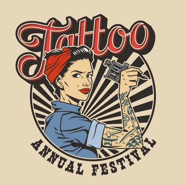 Vintage Kolorowy Tatuaż Festiwal Etykieta Pin Się Atrakcyjna Kobieta Mundurze — Wektor stockowy