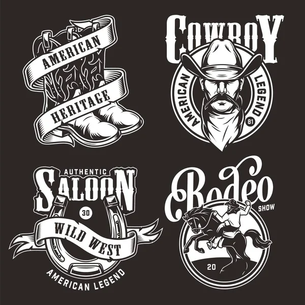 Monocromático Selvagem Oeste Rótulos Com Cowboy Rodeo Vintage Emblemas Impressões —  Vetores de Stock