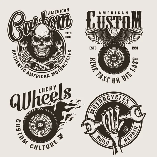 Vintage Monochrome Custom Motorcycle Labels Skull Skeleton Hands Holding Wrenches — Stock Vector