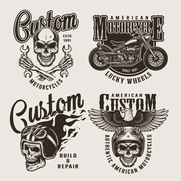 Vintage Custom Motorcycle Prints Motorcyclist Skulls Chopper Eagle Fiery Helmet — Stock Vector