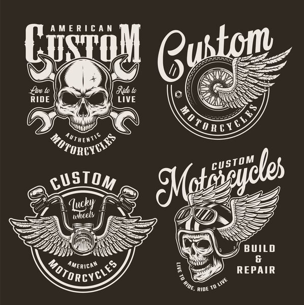 Vintage monochrome custom motorcycle logos with motorcyclist skulls crossed wrenches winged wheel helmet and chopper steering wheel isolated vector illustration