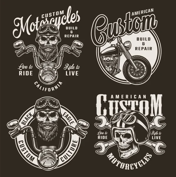 Vintage Niestandardowe Logo Motocyklowe Rowerzystów Motocyklistów Czaszki Kaskach Motocykl Skrzyżowane — Wektor stockowy