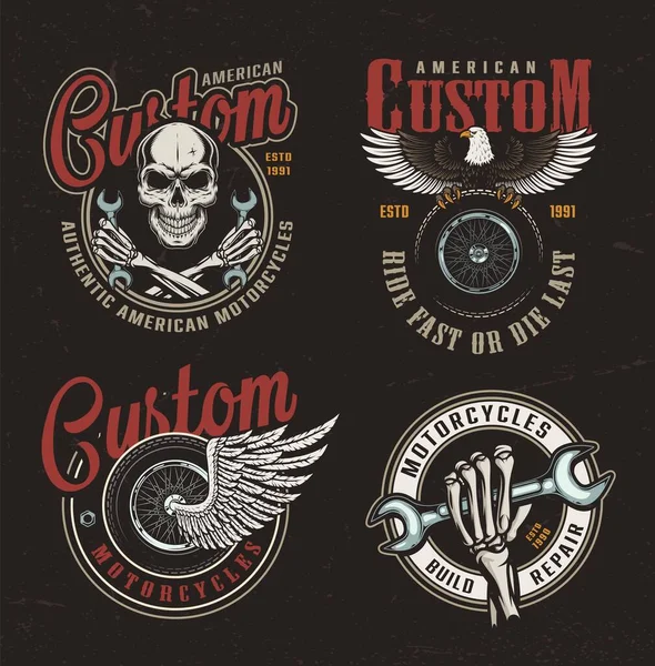 Vintage Custom Motorcycle Colorful Labels Skull Crossed Wrenches Eagle Winged — Stock Vector