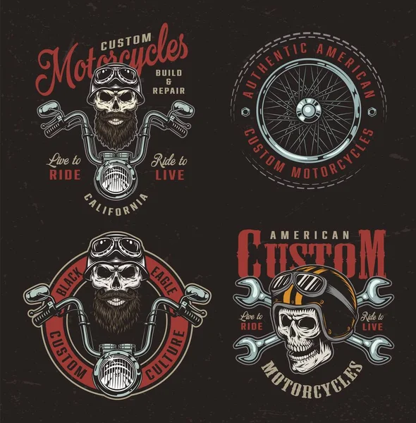 Vintage Colorful Motorcycle Logotypes Biker Motorcyclist Skulls Motorbike Steering Wheel — стоковый вектор