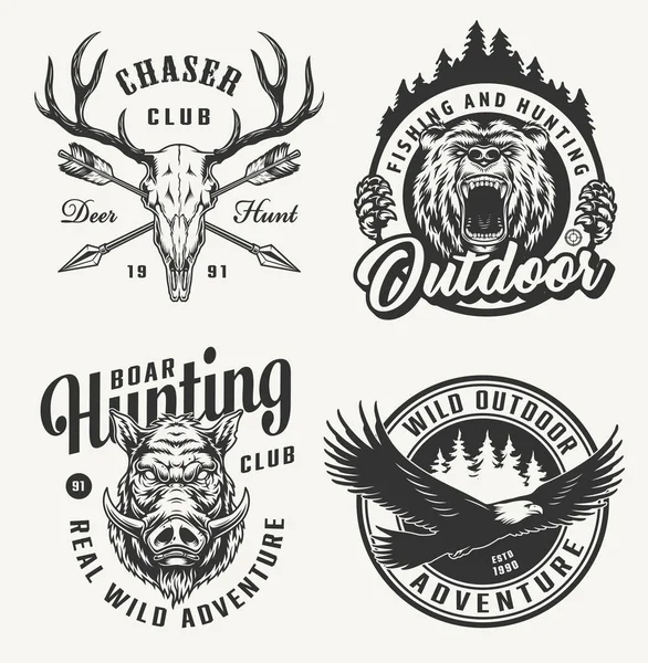 Vintage Hunting Emblems Set Deer Skull Bear Boar Heads Flying — Stock Vector