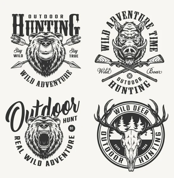 Vintage Monochrome Hunting Badges Bear Hog Heads Deer Skull Crossed — Stock Vector