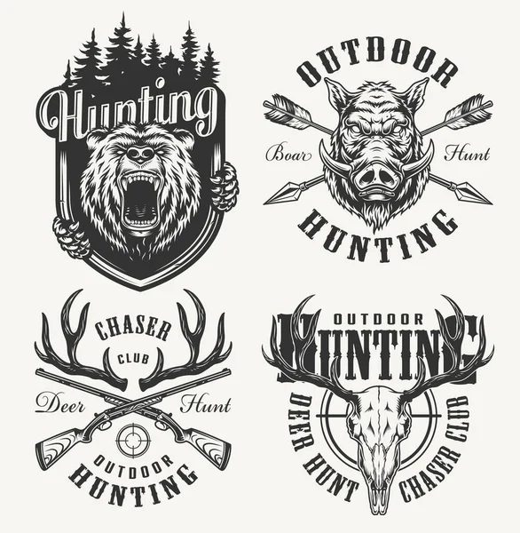 Vintage Monochrome Hunting Club Logotypes Angry Boar Bear Heads Deer — Stock Vector