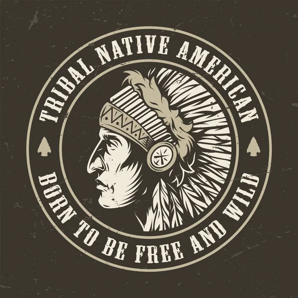 Дикий Запад Винтажный Круглый Логотип Родной Американской Головой Индейца Перьях — стоковый вектор