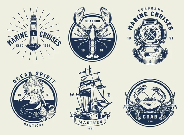 Vintage Monochrome Nautische Emblemen Set Met Inscripties Vuurtoren Krab Kreeft — Stockvector