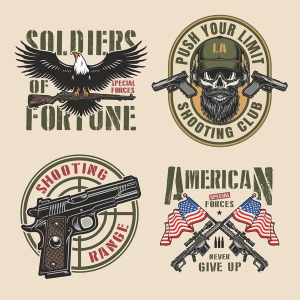 Vintage Military Colorful Logos Set Eagle Holding Firearm Pistols Crosshair Royalty Free Stock Illustrations