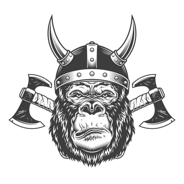 Vintage Monochrome Serious Gorilla Head Horned Viking Helmet Crossed Axes Stock Vector