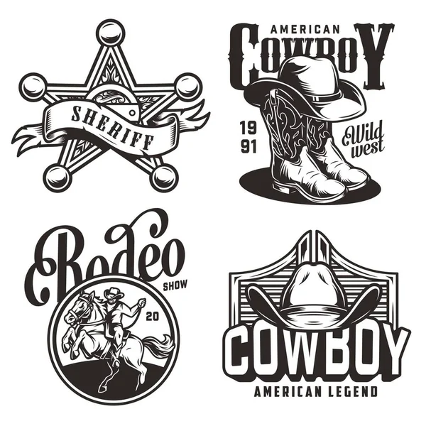 Vintage Monochrome Wild West Emblems Sheriff Badge Star Cowboy Hat Stock Illustration