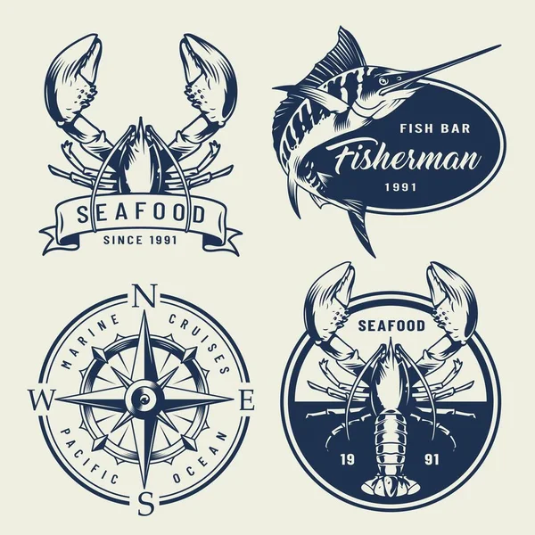 Vintage Sea Emblems Collection Lobsters Swordfish Compass Monochrome Style Isolated Stock Vector