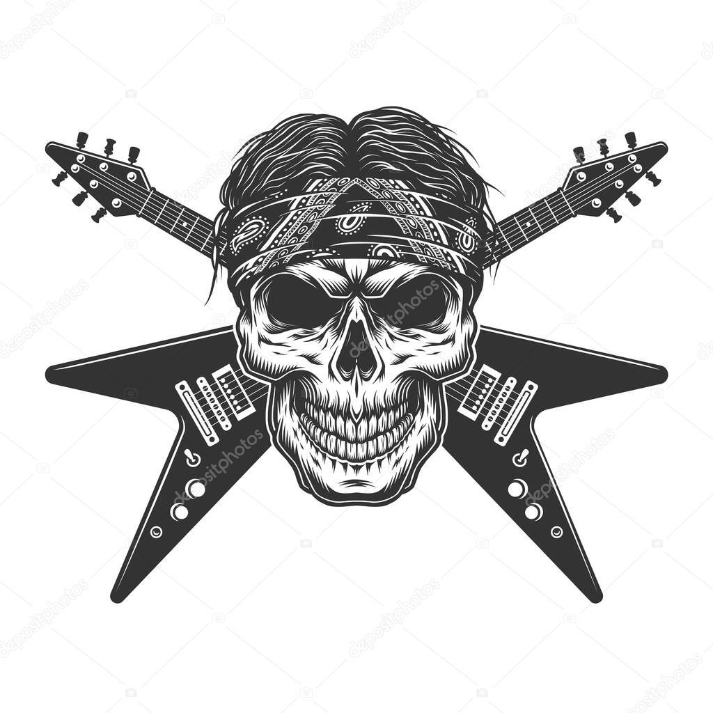 Vintage monochrome rock musician skull with crossed electric guitars isolated vector illustration