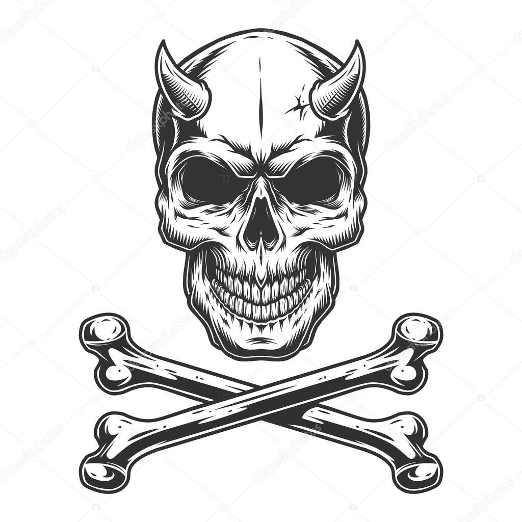 Vintage monochrome demon skull with horns and crossbones isolated vector illustration