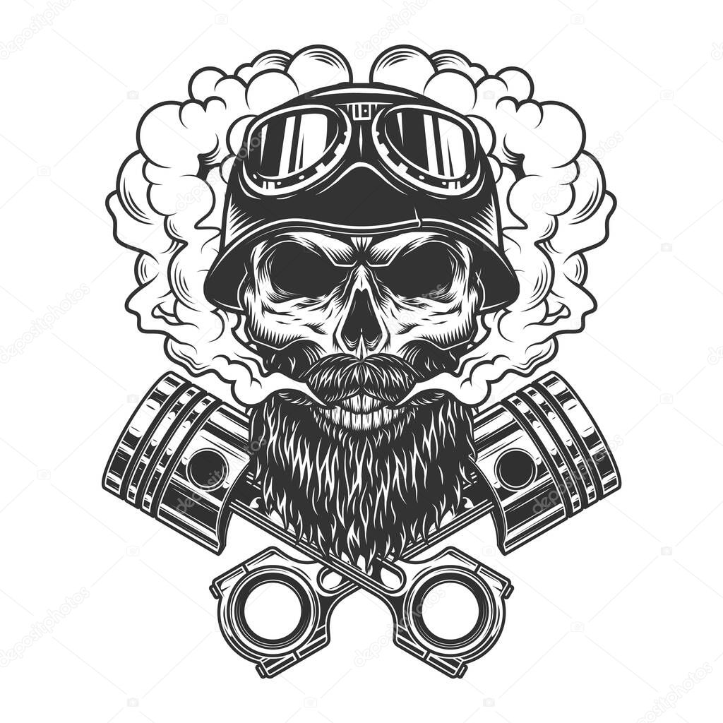 Bearded and mustached biker skull in smoke cloud with crossed engine pistons in vintage monochrome style isolated vector illustration