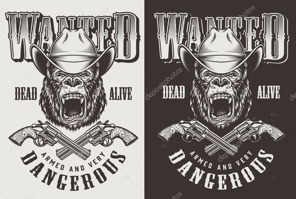 T-shirt print with gorilla cowboy concept. Vector illustration