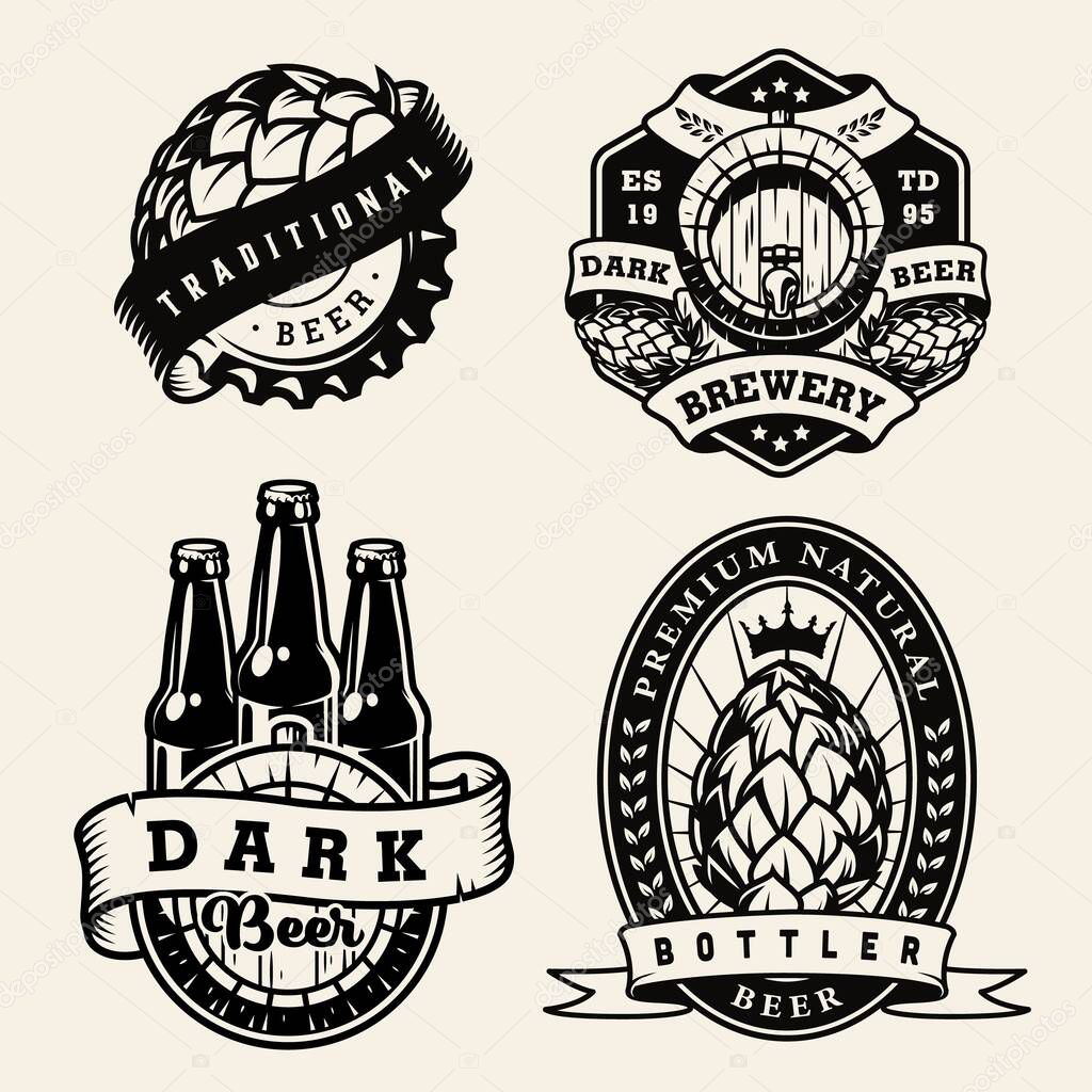 Vintage brewing monochrome badges set with hop cones beer bottles cap wooden barrel isolated vector illustration