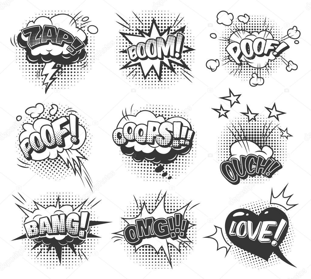 Comic speech bubbles dynamic set with inscriptions clouds of different shapes sound stars and halftone humor effects in monochrome style isolated vector illustration
