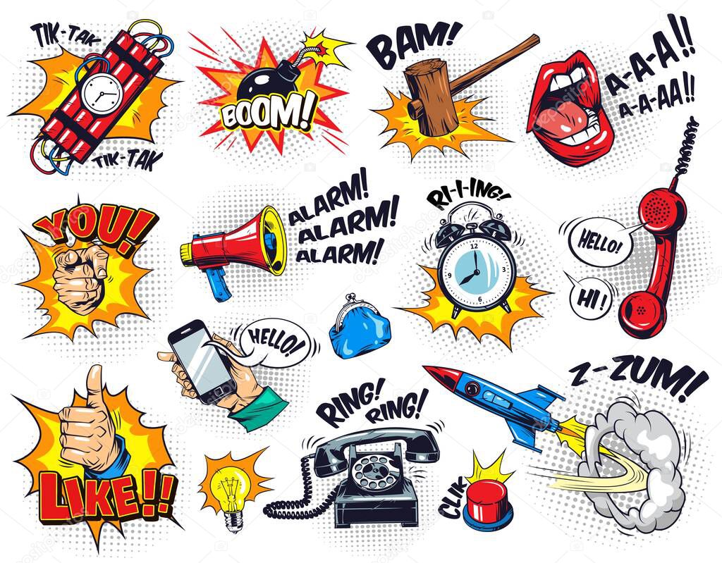 Comic bright elements composition with speech bubbles wordings halftone effects dynamite alarm clock button gavel bomb phone lips rocket hand gestures bulb megaphone purse vector illustration
