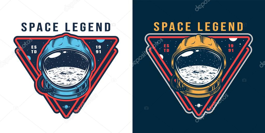 Vintage galaxy colorful label with moon surface and space stars in cosmonaut helmet isolated vector illustration