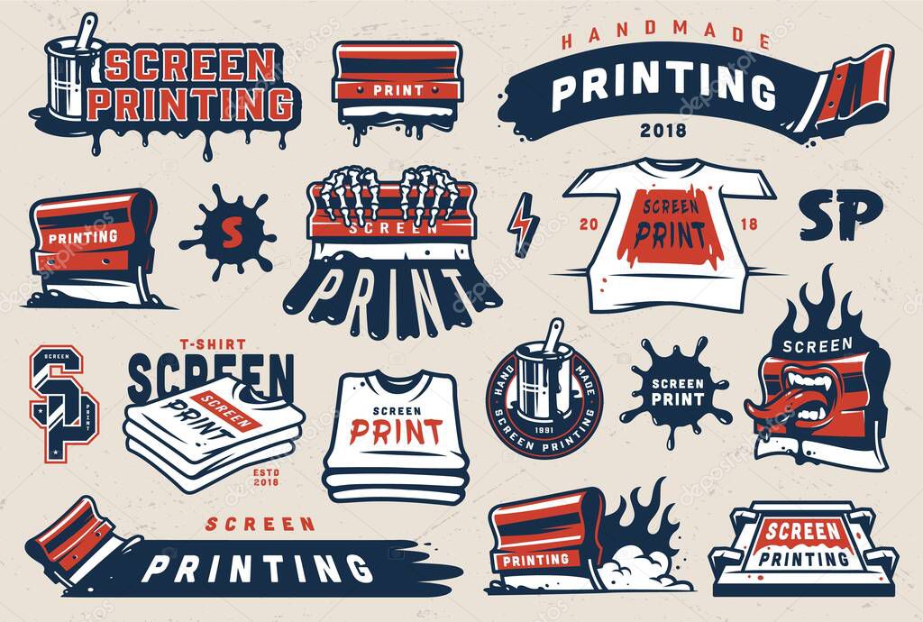 Vintage colorful screen printing elements set with squeegees silkscreen serigraphy logos shirts paint blots isolated vector illustration
