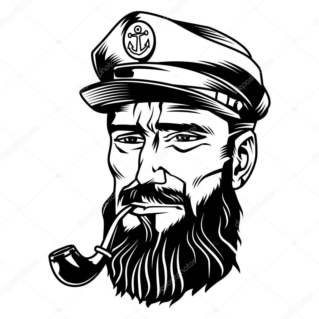 Vintage monochrome bearded sailor smoking pipe isolated vector illustration