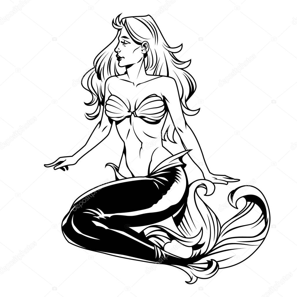 Vintage monochrome pretty mermaid with long hair and beautiful tail isolated vector illustration