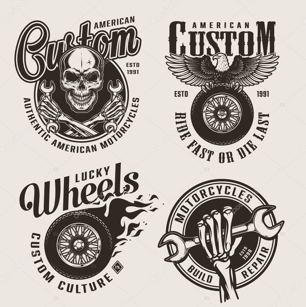 Vintage monochrome custom motorcycle labels with skull skeleton hands holding wrenches eagle sitting on motorbike wheel fiery tire isolated vector illustration