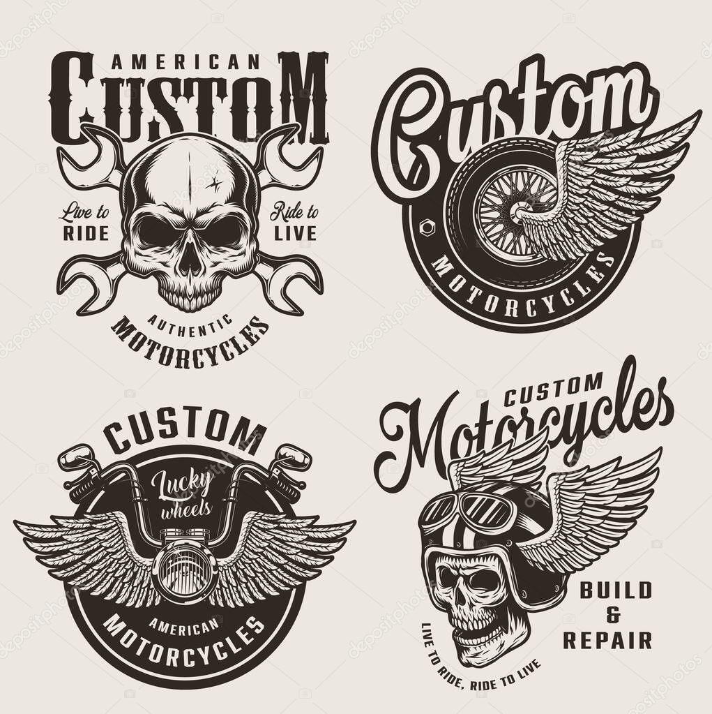 Vintage custom motorcycle emblems with motorcyclist skull in winged helmet crossed wrenches winged wheel and chopper steering wheel isolated vector illustration