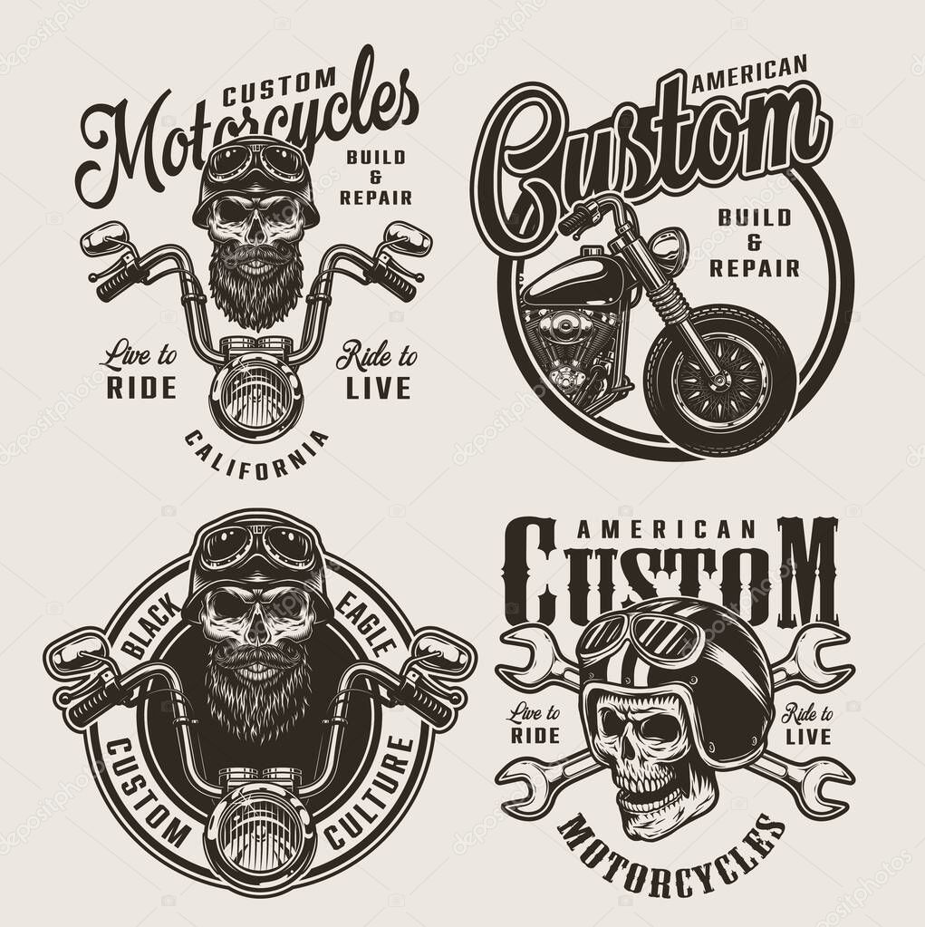 Vintage monochrome custom motorcycle badges with biker and motorcyclist skulls crossed wrenches chopper side view and motorbike steering wheel isolated vector illustration