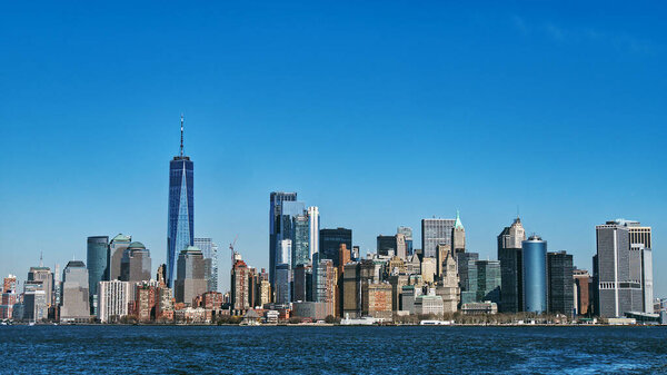 New york city skyline with skyscrapers and blue sky