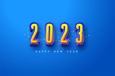 Mutlu yıllar 2023 mavi arka planda sarı sayılı