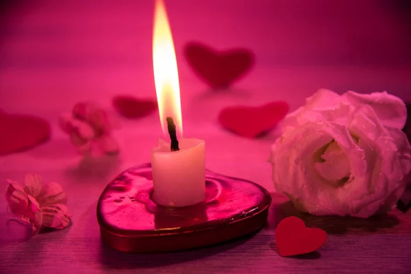 Candle Lit Heart Shape Plate Red Light Condition — Fotografie, imagine de stoc
