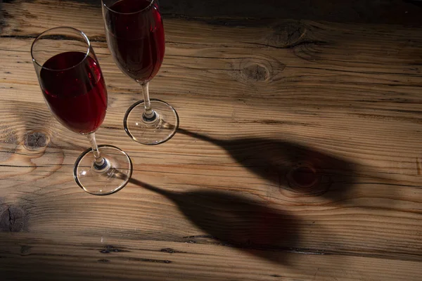 Two Red Wine Glasses Old Wood Table — Stock Photo, Image