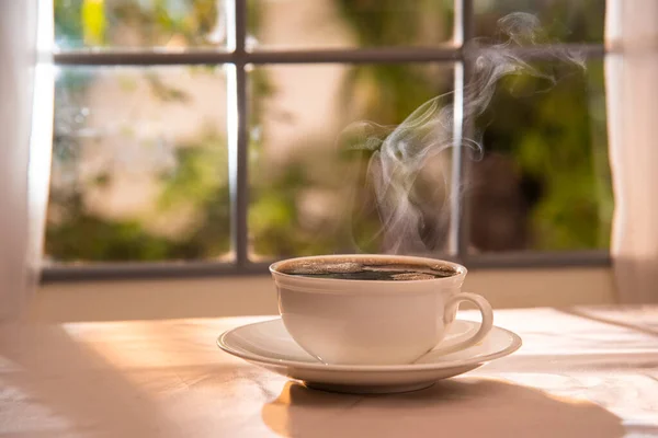 Hot Coffee Cup Table Morning Sunlight — Zdjęcie stockowe