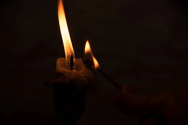 Closeup Match Stick Lit Candle — стоковое фото