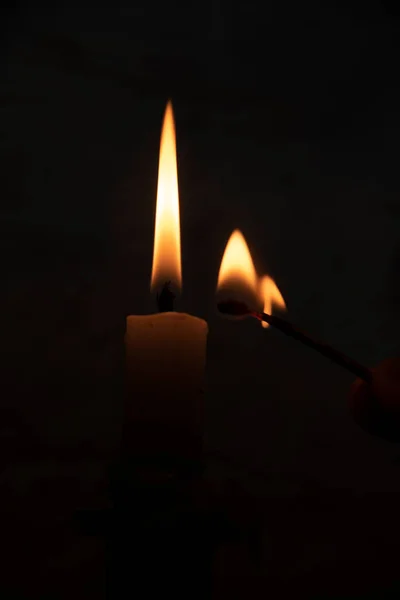 Closeup Match Stick Lit Candle — Stockfoto