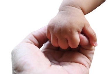 baby hand and old man hand isolated white background