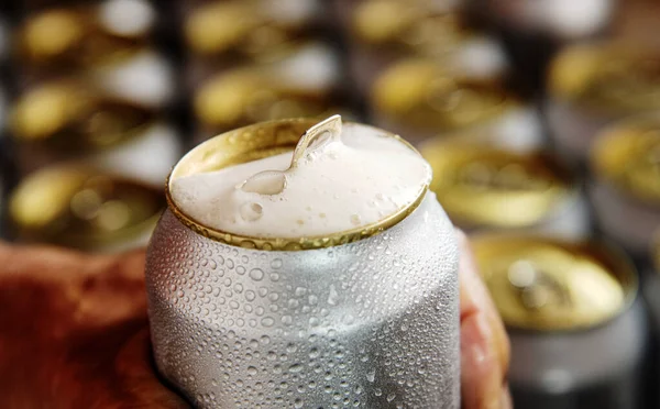 Opened Cold Beer Can Man Hand — 스톡 사진